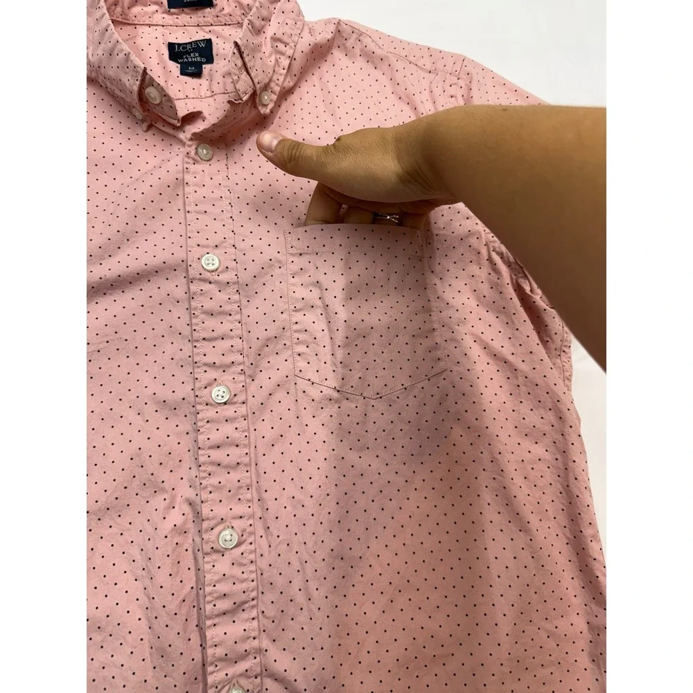 JCREW Mens Medium Slim Fit Pink Rose Polka Dot Short Sleeve Button Up Shirt Z14